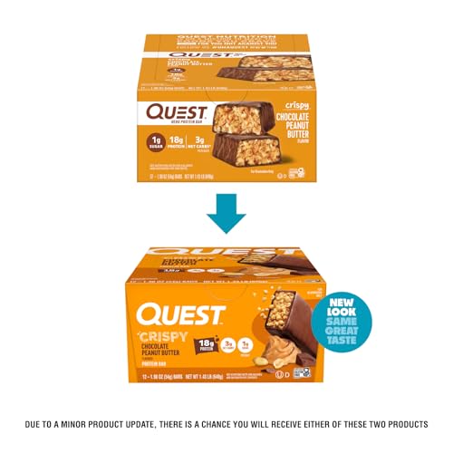 QUEST NUTRITION CRISPY CHOCOLATE PEANUT BUTTER HERO PROTEIN BAR, 18G PROTEIN, 1G SUGAR, 3G NET CARB, GLUTEN FREE PROTEIN SNACK, KETO FRIENDLY, 12 COUNT