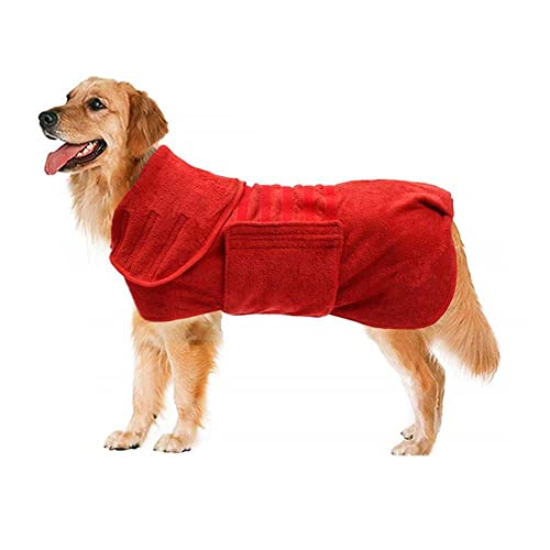 Dog Drying Coat – Amazing Dog Towel Robe/Dressing Gown, Absorbent Pet Bathrobe – Adjustable Collar, Super Soft Microfiber, Fast Drying, large - Red