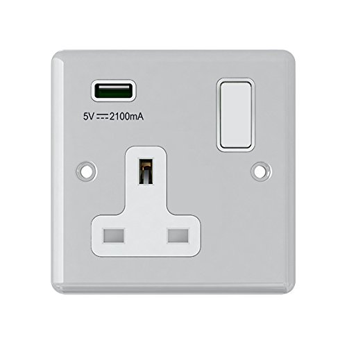 AET USBCPC1GSOCWH 13 A 1 Gang Classical Chrome Polished Single Plug Socket and USB Power Outlet with White Insert Plastic Rocker