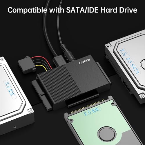 FIDECO IDE and SATA Adapter, USB 3.0 Hard Drive Adapter with Power Switch, SATA and IDE Converter for 2.5 Inch and 3.5 Inch HDD or SSD, CD-ROM, CD-RW, DVD-RW Drives