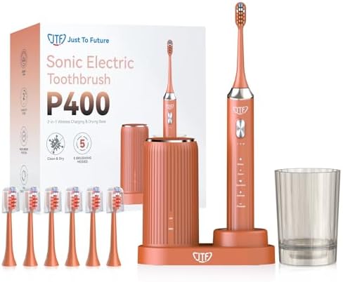 Escova de dentes TF Sonic Electric com limpeza e secagem UV, estação de carregamento sem fios, 5 modos de limpeza, 6 cabeças de substituição, copo incluído e IPX7 resistente à água (laranja)