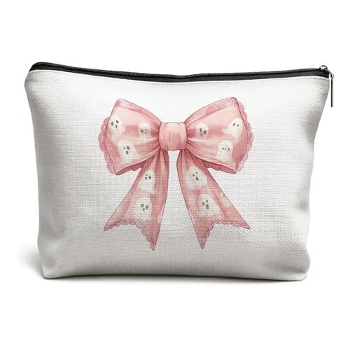 DOFQZ Halloween Coquette Pink Bow Ghost Makeup Bag, Cute Halloween Cosmetic Bag for Women, Trendy Spooky Horror Ghost Pouch, Pink Goth Zipper Bag for Travel Gift at Amazon