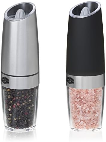 Gravity Electric Salt and Pepper Grinder Set of 2 - Electronic Battery Powered, Adjustable Grind Coarseness, Blue LED Light, Automatic Black Pepper Mill, Mother’s Day Gift (Stainless Steel + Black)