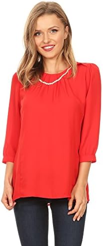 April Women's 3/4 Sleeve Solid Casual Pearl Necklace Blouse Top (X-Large, Red)