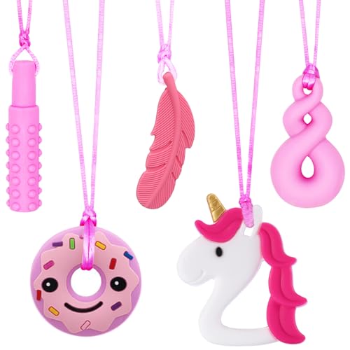 Sensory Chew Necklaces for Girls, 5 Pack Chew Necklace for Sesnory Kids with Autism, ADHD, Silicone Oral Chewy Necklace Toys for Kids Reduce Teething Relief, Chewing, Fidgeting