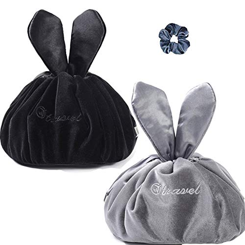 2 Color Lazy Cosmetic Bag Velvet Drawstring Makeup BagTravel Cosmetic Bag Portable Travel Makeup Pouch Magic Toiletry Bag for Womens Girls (Velvet Gray&Black)