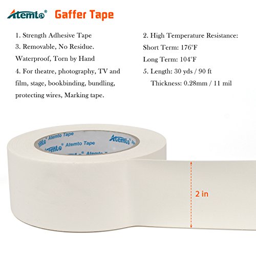 Gaffer Tape, Atemto Stage Tape 2inch×30yards White Professional Non reflective Heavy Duty Gaffer's Tape Replacement for Duct Tape