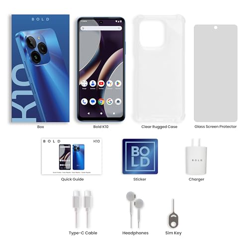 BLU Bold K10 | 2024 | All-Day Battery | Unlocked | 6.6” HD+ Infinity Display | 128/4GB | Triple 50MP Camera | US Version | US Warranty | Blue