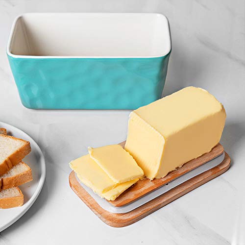 Krokori Butter Dish, Stoneware Ceramic Butter Dish Butter Container Margarine Dish Covered Butter Keeper with Wooden Lid Food Storage Box for Daily Use (Aquamarine) - Thumbnail 6