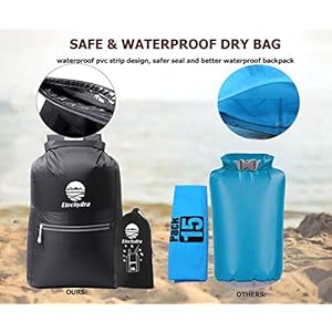 Etechydra Dry Bag 20L Rucksack Wasserdicht Taschen, Ultralight Wasserdichter Packsack Sack Beutel Outdoor für Boote Strand, Kajak, Camping, Bootfahren, Schwimmen, Angeln, Wandern, Schwarz. 4 Schnorchelmasken 41V23p godL. SS300 ★LIGHTWIGHT DURABLE NYLON RUCKSACK - Unsere Dry Bag Wasserdichter Packsack besteht aus Nano-Dacron-Material, ist extrem langlebig, ungiftig und geruchlos. Im Vergleich zur traditionellen Strand Wasserdichte Taschen ist unsere Faltgröße nur die Hälfte davon, leicht, faltbar und tragbar. Die Integration von Aufbewahrungstasche und wasserdichtem dry bag ultralight Rucksack erhöht die Kapazität und die bequeme Aufbewahrung.
★AUSGEZEICHNETER WASSERDICHTER TROCKENSACK- Der wasserdichte und reißfeste Etechydra Wassertasche Packsack 10L /20L bietet einen hohen Schutz für wichtige Gegenstände wie Smartphones, Kameras, Dokumente, Kleidung usw. Die neuesten wasserdichten PVC-Streifen sorgen für Wasserdichtigkeit Dichtung. Kajakfahren Wasserdichte Taschen Beutel Es ist sehr sicher im Wassersport zu verwenden.
★WET DRY SEPARATION VERSATILE DRY BAG - Wasserdichte taschen outdoor Dank des Designs für Nass-Trocken-Trennung und Seitentaschen können Sie nasse Kleidung hineinlegen, Halten Sie alles trocken zum Schwimmen, Bootfahren, Kajakfahren aber auch für Outdoor-Aktivitäten wie Camping, Wandern. Der reflektierende Streifen der Reißverschlusstasche kann Ihre Sicherheit im Dunkeln schützen. Die Seitentaschen eignen sich hervorragend für Wasserflaschen und Regenschirme.