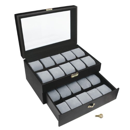 Ikee Design Deluxe Black Watch Display Case With Key Lock, Clear Glass