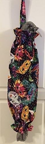 Free shipping to USA included in price -100% cotton fabric hanging plastic bag holder - Mardi Gras Feathers Mask - smoke free - pet free