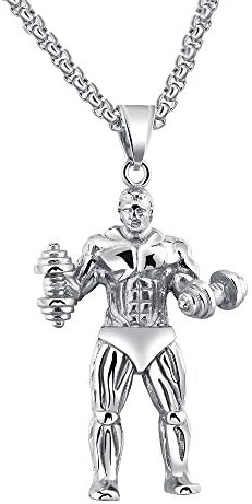 Stainless Steel Muscle Mens Pendant Necklace Bodybuilder Dumbbell Barbell Weight Lifting Fitness Gym Jewelry (steel)