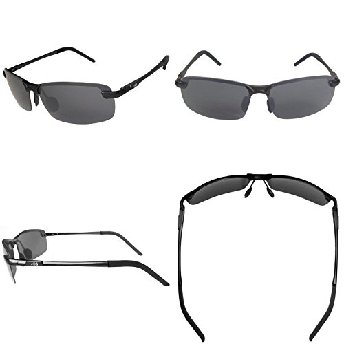 J+S Ultra Lightweight Men's Rimless Sports Sunglasses, Polarized, 100% UV protection - (Wide Frame - Black Frame / Black Lens)