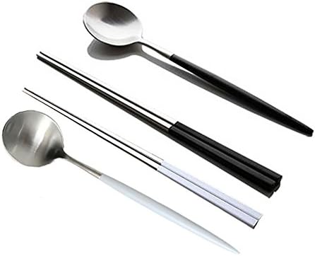 Autohome 2 Spoons and 2 Pairs Chopsticks Saintless Steel Dinner Flatware - White&amp;Silver+Black&amp;Silver