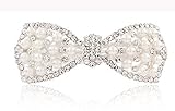 Women's White Pearl Bling Rhinestone Beaded Silver Hair Barrette Clip Pin for Long Hair Ponytail Holder