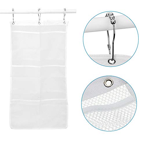 HuiDao Bath Hanging Caddy Shower Hanging Organizer 8 Quick Dry Mesh Pockets Storage Bag with 3 Ring Hooks for Hanging On Bathroom Curtain Rod, 27.5x15.7 Inch (White)