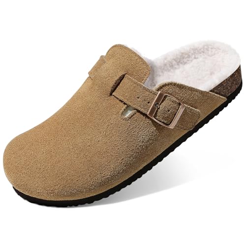 KIDMI Women's Fur Lined Suede Clogs Fuzzy Cork Footbed Mules Slip On Winter Potato Shoes