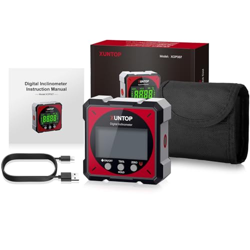 XUNTOP LCD Digital Level Box Rechargeable with Electronic Laser Angle Finder 4 x 90° with 4 Magnetic Sides with Type-C Cable for Charging Inclinometer Laser Level Waterproof with Backlight
