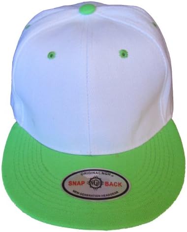 NGH Premium Plain Two-Tone Flat Bill Snapback Hat - Baseball Cap (White/Lime Green)