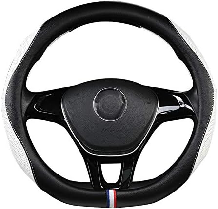 Car steering wheel cover,D Type Genuine Leather Breathable Non-Slip Flat Bottom Shaped Steering Wheel Cover fits for SUV,Cars,White