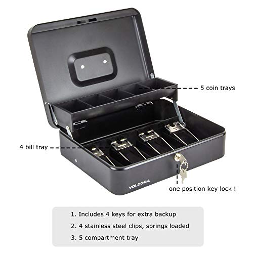 Black Steel Cash Box with Safe Key Lock | Tiered Money Coin Tray and Bill Slots | Portable and Compact | 2 Keys | Metal Lockable Storage Box for Change, Petty Cash, Fundraiser, Garage Sale