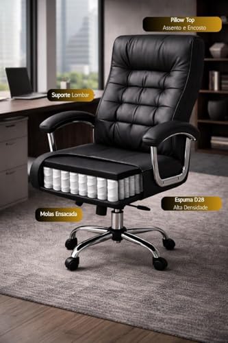 Cadeira de Escritório Ergonômica Presidente (Preta) - PREMIUM COMFORT: reclinável, altura ajustável, giratória, de couro sintético com molas ensacadas.
