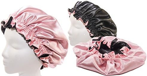 (Pink & Black) (Kids) 20Inch Reversible Luxuries Pure Satin Hair Bonnet -Safe for All Hair Types - Most Beneficial Hair wrap for Sleeping Cap Many Colors