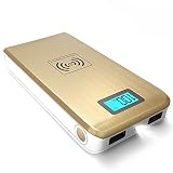Qi Wireless Power Bank Dual USB Portable ActionPie TM 12000mAH External Battery Charger Smart LCD Display & LED Flashlight Backup Charger 2.1Amp Input Fast Charging (golden)