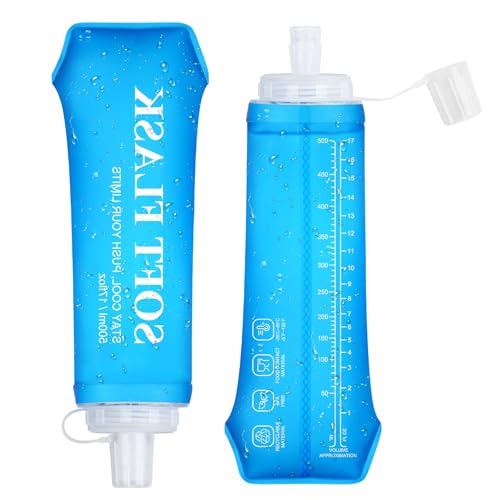 Euqvunn 2 Pcs Soft Water Bottle Running Flask 500ml Reusable BPA Free with Waterproof Cap, Foldable for Running, Walking, Hiking, Cycling