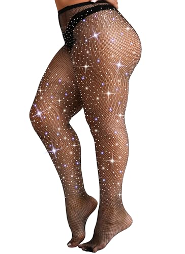 VEBZIN Sexy Sparkly Fishnets Stockings Jeweled High Waist Fishnet Tights for Women Rhinestone Party Pantyhose