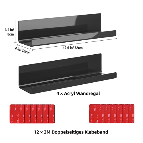 LOFTPLUS Wall Shelf, No Drilling - Set of 4, Black Acrylic Wall Shelf for Books and Photos, Home Decoration Floating Shelf for Kitchen, Bathroom, Office, Living Room (32x10x8 cm)