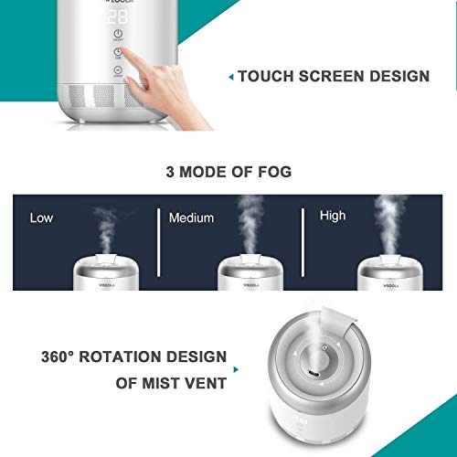 4L Top Fill Cool Mist Ultrasonic Air Humidifier with Portable Easy Clean Water Tank, Quiet for Yoga, Office, Home, Baby Kids Bedroom - Touch Screen, 12H Timer, Temperature LED Display, 3 Mist Levels