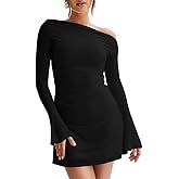 LAGSHIAN Women's Fall Long Sleeve Off Shoulder Trendy Ruched Stretch Bodycon Cocktail Party Flare Mini Dress
