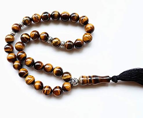monicaexclusive 10mm Tiger Eye Stone Tassel Pendant 33 Prayer Beads Islamic Muslim Tasbih Allah Mohammed Rosary for Women Men