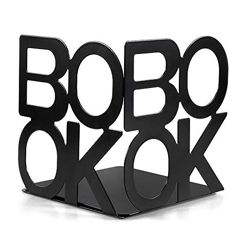Metal Bookends, Nonskid Letter Pattern Book Ends for Shelves Office Decorative, Book Stopper for Books, DVD, Video Games, Maganize,Black 4.9 x 5.1 x 5.5inch, 2Pair/4Piece
