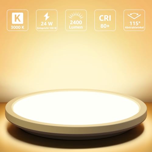 Lepro Ceiling Light 24 W, IP44 Waterproof Ceiling Light, 3000 K 2400 LM Bathroom Lamp, Warm White Ceiling Light, Bathroom, Ideal Bathroom Lamp, Ceiling for Bathroom, Bedroom, Hallway, Kitchen, Living Room, Diameter 29.3 cm
