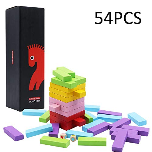Wooden Stacking Board Games for Kids Adult and Families, Gentle Monster Wooden Blocks Toys for Toddlers, Colored Building Blocks - 54 Pieces in 6 Colors with 2 Dices