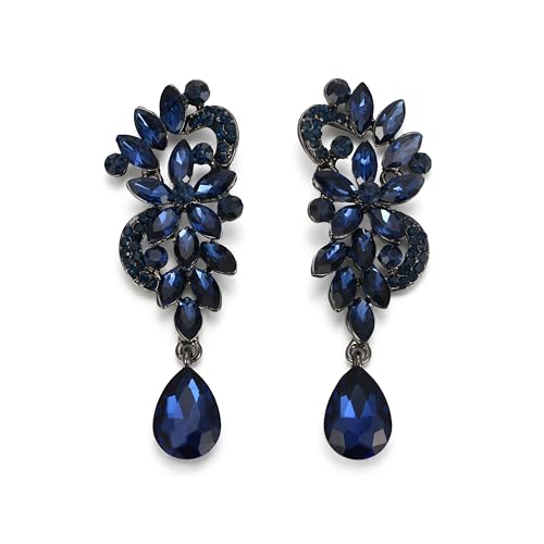 Clearine Women's Bohemian Boho Crystal Flower Wedding Bridal Chandelier Teardrop Bling Long Dangle Earrings Blue Black-Tone