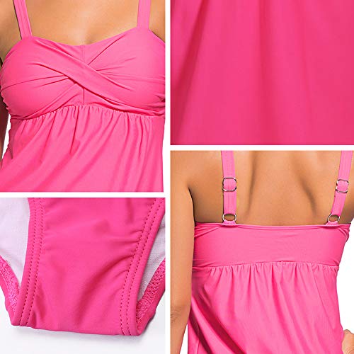 ZNCMRR Women's Solid Ruched Tankini Top Swimsuit with Triangle Briefs Plus Size (Rose Red, XXL) - Thumbnail 5