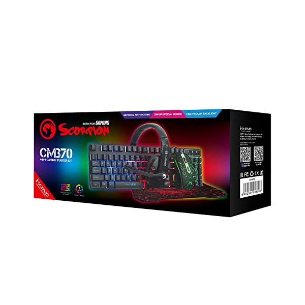 Marvo-Scorpion-CM375-4-in-1-Gaming-Starter-Kit Marvo CM375 4 in 1 Gaming Peripheral Set - 7 Colour Backlit Keyboard, 3200dpi Optical RGB Mouse, S Size 287mm x 244mm…