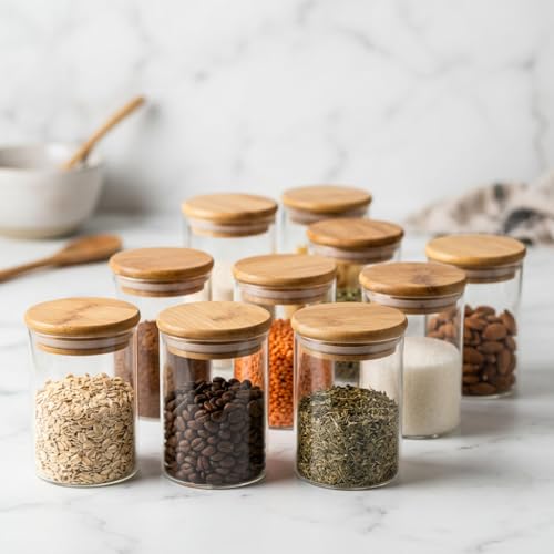 Kit 10 Potes Herméticos 250ml de Vidro com Tampa de Bambu Natural – Redondos com Vedação de Silicone, Organizadores para Cozinha, Armazenar Temperos, Grãos, Café, Chá, Açúcar, Doces e Mantimentos