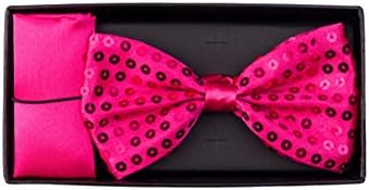 Men's Glitzy Sequins Pre-Tied Bow Tie &amp; Matching Pocket Square Hankie Gift Set (Fuchsia)