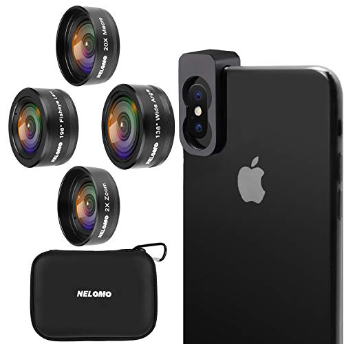 NELOMO Cellphone Camera lens 4 in 1 Phone Lenses Kit Compatible with Iphone XS XR X 8 Samsung Galaxy S9 S8 Huawei P20 P10 20X Macro Lens, 2.0X Zoom Telephoto Lens, 138°Wide Angle Lens, 198°Fisheye Len