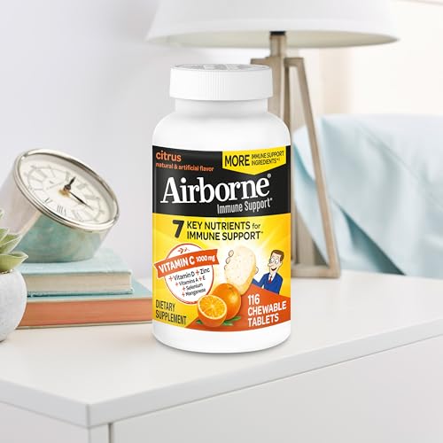 AIRBORNE VITAMIN C 1000MG (PER SERVING) – CITRUS CHEWABLE TABLETS (116 COUNT IN A BOTTLE), GLUTEN-FREE IMMUNE SUPPORT SUPPLEMENT, WITH VITAMINS A C E, ZINC, SELENIUM, ECHINACEA, GINGER, ANTIOXIDANTS