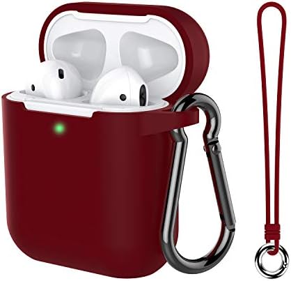 Airpods Case, Music tracker Protective Thicken Airpods Cover Soft Silicone Chargeable Headphone Case with Anti-Lost Carabiner for Apple Airpods 1&2 Charging Case (Burgundy)