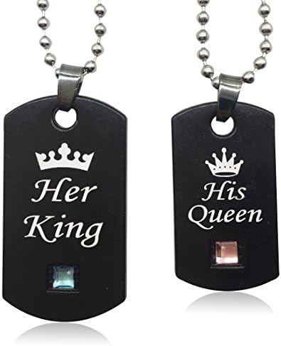Leune Accessories | King and Queen Crown Necklaces for Couples Sets Matching Necklaces for Boyfriend and Girlfriend Couples Romantic | Titanium Dog Tag Crystal Zirconia