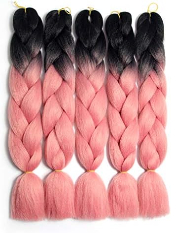 Lady Corner Ombre Braiding Hair 24inch Jumbo Braids High Temperature Fiber Synthetic Hair Extension 5pcs/Lot 100g/pc for Twist Braiding Hair (24inch(Pack of 5), Black-Smoke Pink)