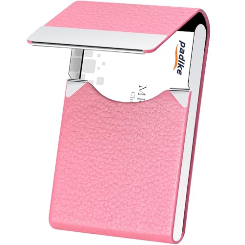 padike Professional Business Card Holder PU Leather Business Card Case Name Card Holder Slim Metal Pocket Card Holder with Magnetic Shut … (Pink)