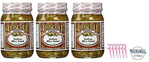 Boscoli Italian Olive Salad - Small, 15.5 ounce (3 Pack) with 20ct Dental Flossers in a Prime Time Direct Sealed Bag